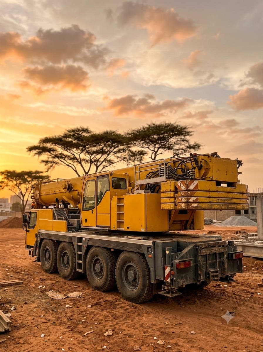 Grue mobile tout-terrain au coucher du soleil